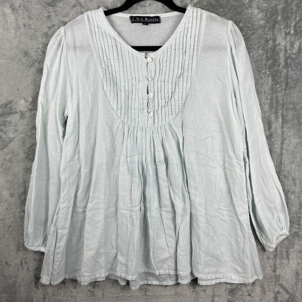 JP and Mattie Popover Shirt Women Size P‎ Green Pintucks Long Sleeve Top Tunic
